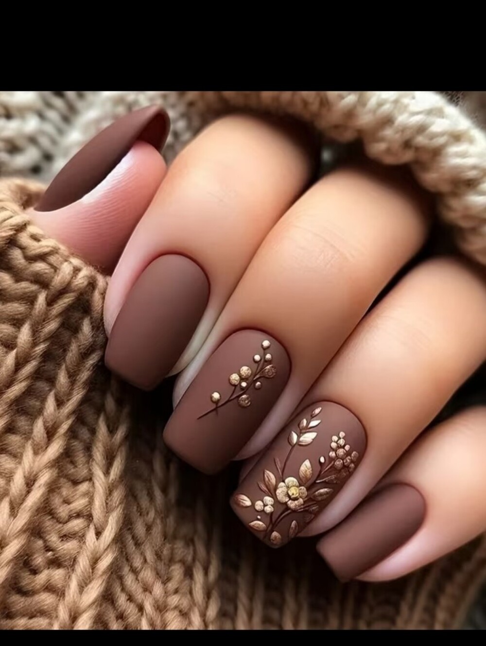 🔥3/$21 Matte Chocolate Brown Floral Accent Press-On Nails - Women Makeup